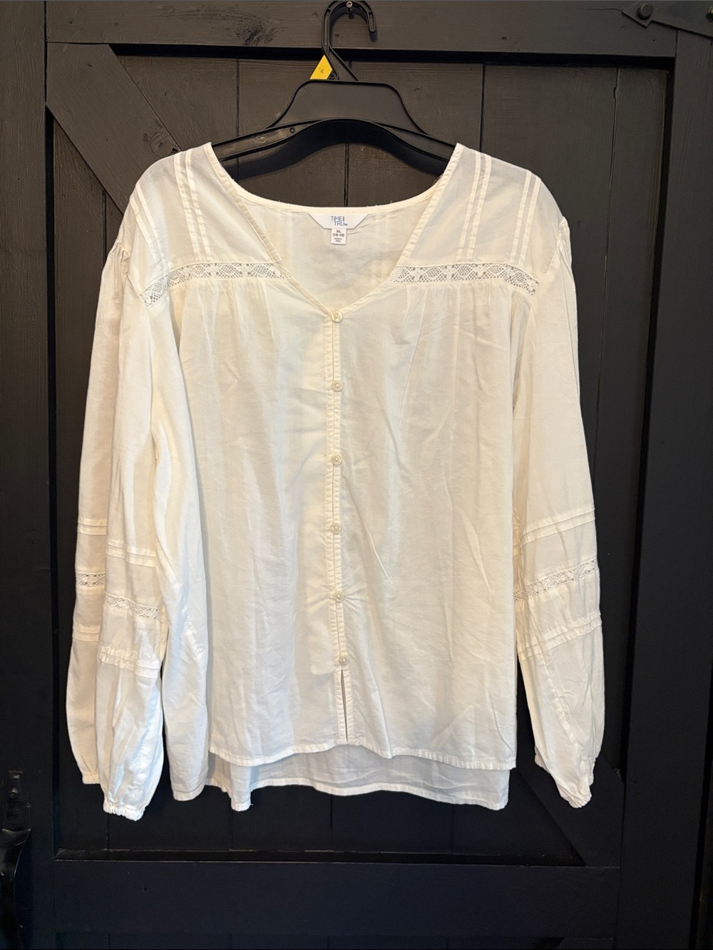 Time and Tru Cream Lace-Trim Button Front Blouse